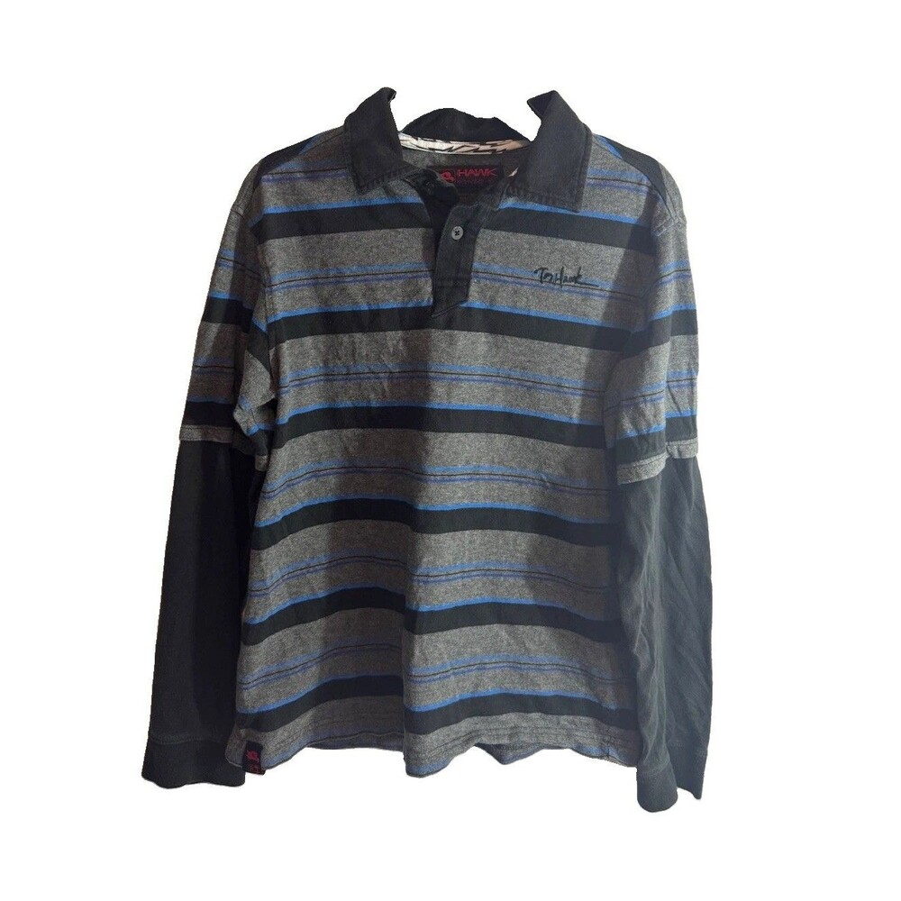 Vintage Hawk Boys 14-16 Gray Black Blue Striped Collared Long Sleeve Button Polo